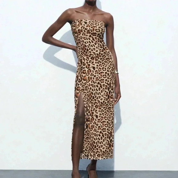 Khaki Sexy Women's Leopard Print Fitted Bodycon Midi Dress With Slit Up To Thigh - Picture 8 of 8
